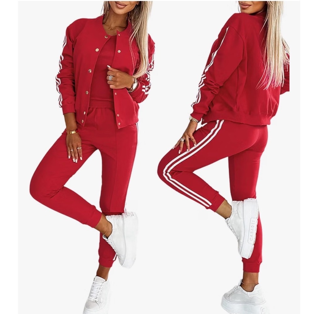 CHICME Red 3 Piece Tracksuit Set Bomber Jacket Tank Top Joggers Striped Medium